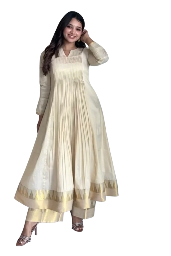 The Malabar Kasavu Salwar Suit | Traditional Cream & Gold Handloom Set