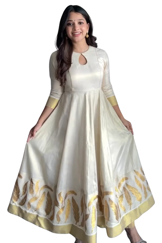 The Malabar Kasavu Salwar Suit | Traditional Cream & Gold Handloom Set1