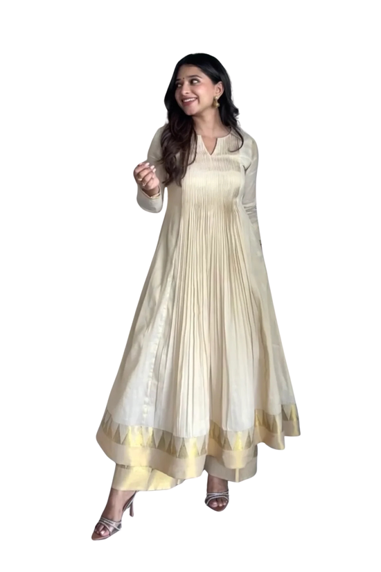 The Malabar Kasavu Salwar Suit | Traditional Cream & Gold Handloom Set