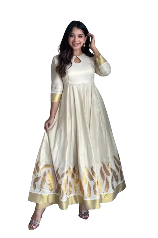 The Malabar Kasavu Salwar Suit | Traditional Cream & Gold Handloom Set1