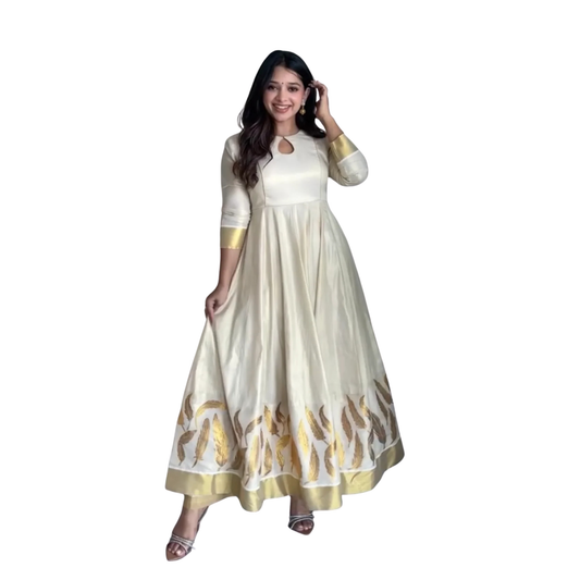 The Malabar Kasavu Salwar Suit | Traditional Cream & Gold Handloom Set1
