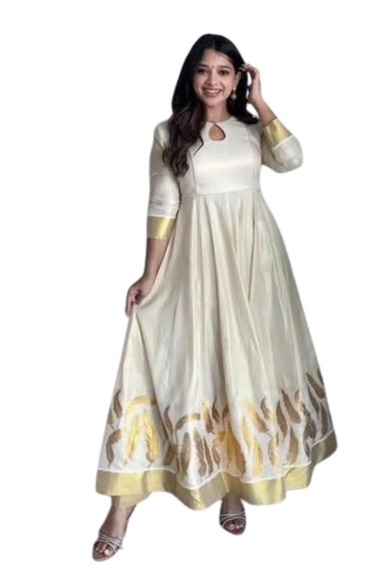 The Malabar Kasavu Salwar Suit | Traditional Cream & Gold Handloom Set1